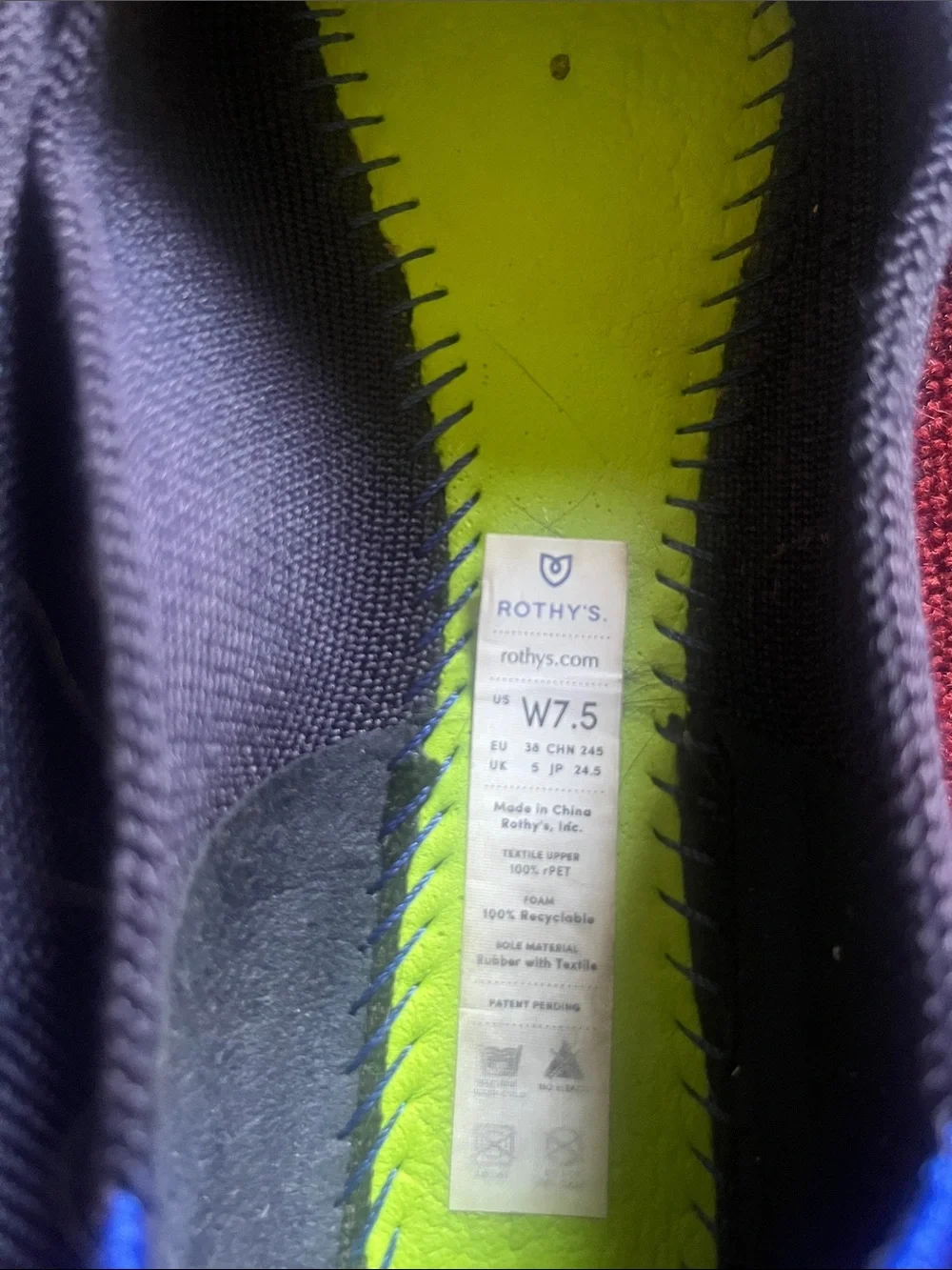 Rothy's Black Knit Pointed Flats with Blue Trim and Lime Insoles